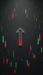 A glowing red and grey upward arrow is centrally positioned against a dark background scattered with vertical red and green bars, suggesting growth or market trends