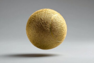 A golden, fuzzy tennis ball hovers slightly above a neutral gray surface, casting a subtle shadow.  Its texture appears soft and plush, with a barely visible seam