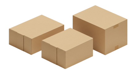Three plain cardboard boxes of different sizes stacked on a white background, perfect for packaging and shipping needs