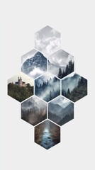 A hexagonal grid displays eight misty, mountainous landscapes; snowy peaks, forests, a castle, and a flowing stream are featured in cool tones, creating a serene, cohesive composition