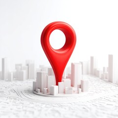 A large, glossy, red map pin sits atop a stylized white cityscape, nestled within a minimalist, paper-like map.  The image has a clean, modern aesthetic