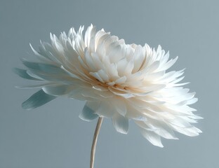A large, off-white flower with numerous delicate petals, a slender stem, and a soft, muted background.  The lighting emphasizes the flower's texture and form