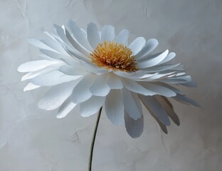 A large, meticulously crafted paper flower, white petals surrounding a yellow-orange center, stands against a textured, off-white backdrop.  The stem is thin and visible