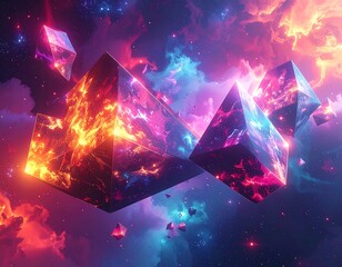 Floating, crystalline structures with fiery interiors against a nebula