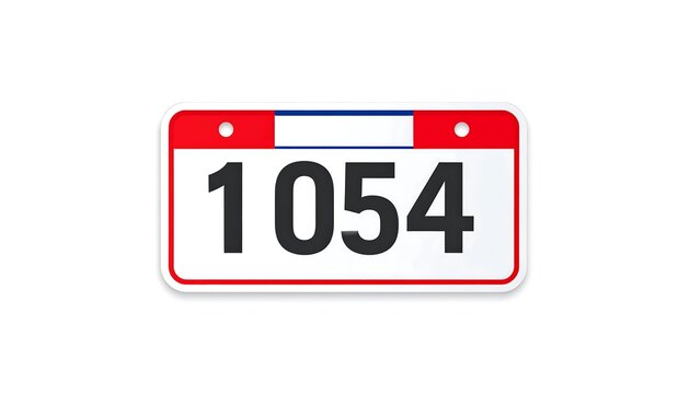 A stylized, rectangular tag with rounded corners. The tag's design features a white background, red border, and the number 1054