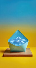 A light blue envelope rests on a wooden block against a yellow background, its interior filled with stylized, cloud-like forms resembling miniature mountains, set against a gradient blue backdrop