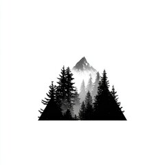 A minimalist black and white illustration of a mountain peak nestled within a triangle framed by a silhouetted coniferous forest, rendered with varying shades of black to suggest depth and mist