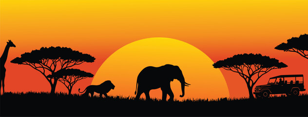 African safari silhouette with giraffe, lion, elephant, trees, jeep and people against a sunset background © Jahanzaib