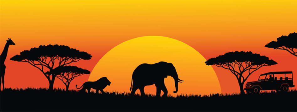 African safari silhouette with giraffe, lion, elephant, trees, jeep and people against a sunset background