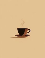 A minimalist illustration of a dark espresso cup and saucer on a beige background, with subtle steam rising from the coffee.  Simple, elegant design with a soft shadow