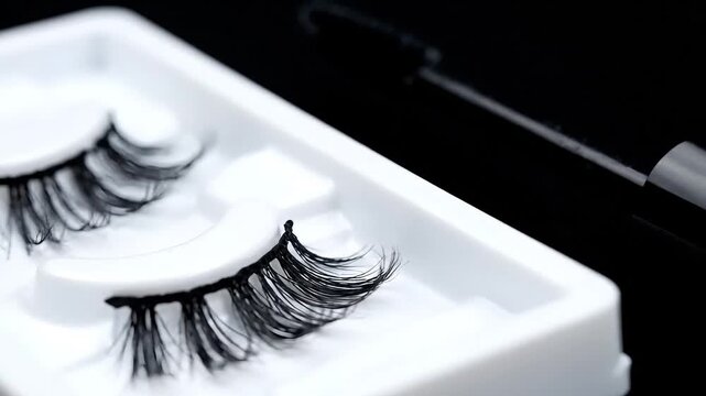 Close up shot of a pair of false eyelashes in a white tray ready for cosmetic application use