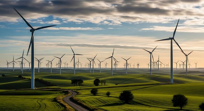 Wind turbines on rolling hills under a dramatic sky