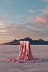 A pale pink cloth drapes a cubic form on a vast, white salt flat under a dusky, pastel sky. Mountains rise in the distance