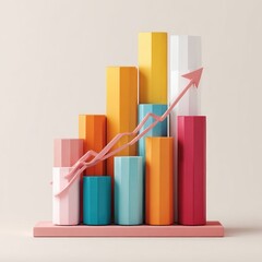 A pastel-colored, ascending bar graph with a pink arrow indicating upward growth.  The graph is composed of hexagonal prisms on a pink base against a neutral backdrop