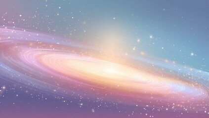 A pastel-hued spiral galaxy depicted with soft, glowing light emanating from its core, surrounded by scattered stars against a gradient background of purple and blue