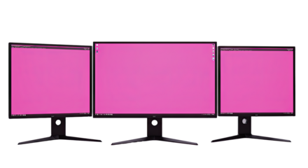 Three widescreen computer monitors with pink screens on black stands against white background, modern technology setup, perfect for business presentations