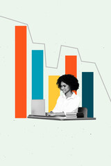 Composite 3D collage trend template design of young woman sit type netbook office manager trader...
