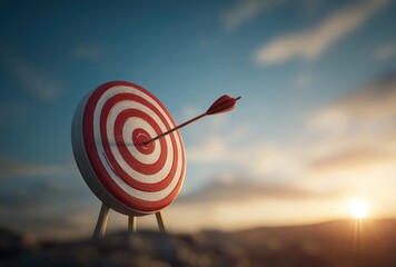 A red and white dartboard stands on rocky ground at sunset, a single arrow piercing its bullseye, symbolizing achievement and success against a vibrant sky