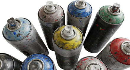 Top view of used spray paint cans in various colors isolated on black background, perfect for urban art and graffiti projects
