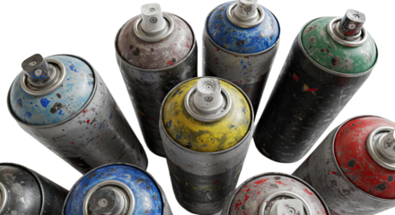 Top view of used spray paint cans in various colors isolated on black background, perfect for urban art and graffiti projects