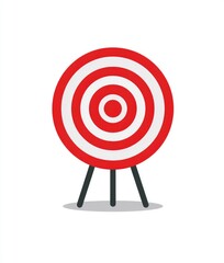 A simplified illustration of a red and white archery target on a three-legged stand, cast against a white background with a subtle drop shadow