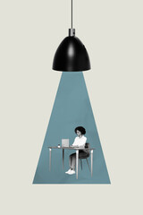 Trend artwork composite 3D photo collage design of young woman sit table virtual internet netbook...