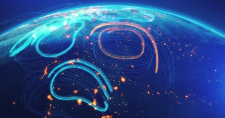 Global technology infrastructure visualization over digital world map. Technology related 3d animation. - Powered by Adobe