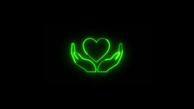 Glowing neon heart icon animation. Heart of love with hands raised. 4k video motion