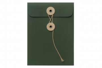 Green string-tie envelope or document mailer, a classic office stationery item, presenting papers and documents. Transparent background