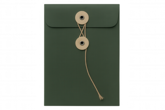 Green string-tie envelope or document mailer, a classic office stationery item, presenting papers and documents. Transparent background