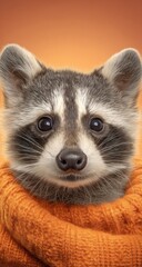 Fototapeta premium A close-up view of a raccoon wearing an orange knitted scarf, set against a soft, warm orange background.