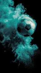 A soccer ball in motion, engulfed by a teal-colored cloud of dust and smoke against a stark black background; dynamic, energetic composition