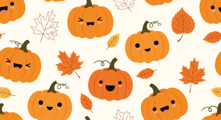 Fototapeta premium Cute cartoon pumpkins and fall leaves seamless pattern.