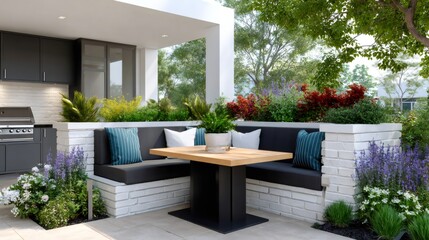 Fototapeta premium Modern outdoor kitchen and dining area in backyard patio