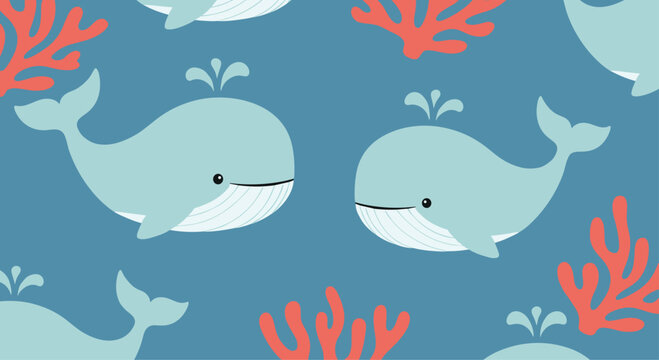 Cute cartoon whales and coral pattern on a blue background.