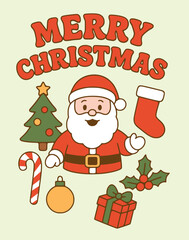 cute cartoon santa claus with christmas tree, candy cane, gift box, stocking, holly, and ornaments surrounded by festive decorations with merry christmas text in retro holiday style illustration