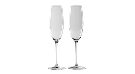 Two empty champagne glasses isolated on white background, perfect for weddings and celebrations