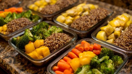 Obraz premium Colorful vegetables and grains are neatly arranged in clear containers, showcasing the meal prep process. Fresh broccoli, carrots, and sweet potatoes create an appealing healthy feast
