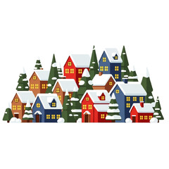 Naklejka premium Charming snowy village with festive decorated houses and snow-covered evergreen trees, evoking a cozy winter holiday atmosphere