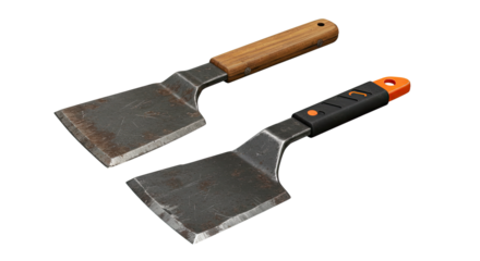 Two metal spatulas with wooden and plastic handles isolated on white background, kitchen tools for cooking and grilling