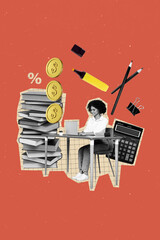 Composite sketch design collage of office manager economist young woman sit work laptop claculator...
