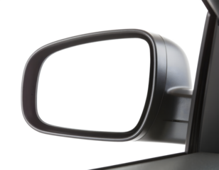 Close-up view of a modern car side mirror reflecting darkness with subtle reflections isolated on transparent background