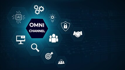 Omni Channel Marketing Concept. Multichannel Marketing, Businessman using magnifying glass with virtual icons marketing strategies, customer engagement, 3D dark blue background 4k animation
