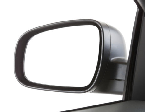 Close-up view of a modern car side mirror reflecting darkness with subtle reflections isolated on transparent background