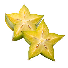 Fototapeta premium Two Yellow Star Fruit Slices With Seeds On Black Background Keywords: star fruit, carambola, fruit, yellow, green, sliced, halved, star shape