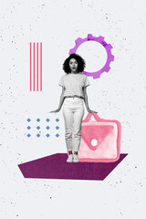 Obraz premium Poster image vertical photo collage of happy girl surf phone bubble notification geolocaiton travel path lost way chatterbox