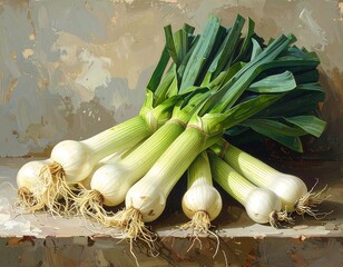 Freshly harvested bunch of alliums resting on a rustic surface