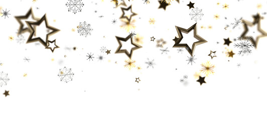 Stunning image of shimmering golden stars and delicate snowflakes floating on a clean white backdrop, perfect for holiday and festive designs.