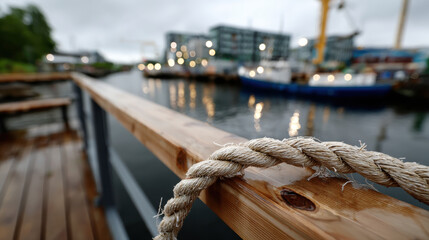 Obraz premium This image captures a close-up of a rope resting on a wooden railing by the water, with a backdrop of softly lit buildings and boats under an overcast sky.