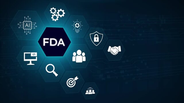 FDA Approved Food and Drug Administration concept. Businessman using laptop with FDA icon on virtual screen for Health product standards control, 3D dark blue background 4k animation